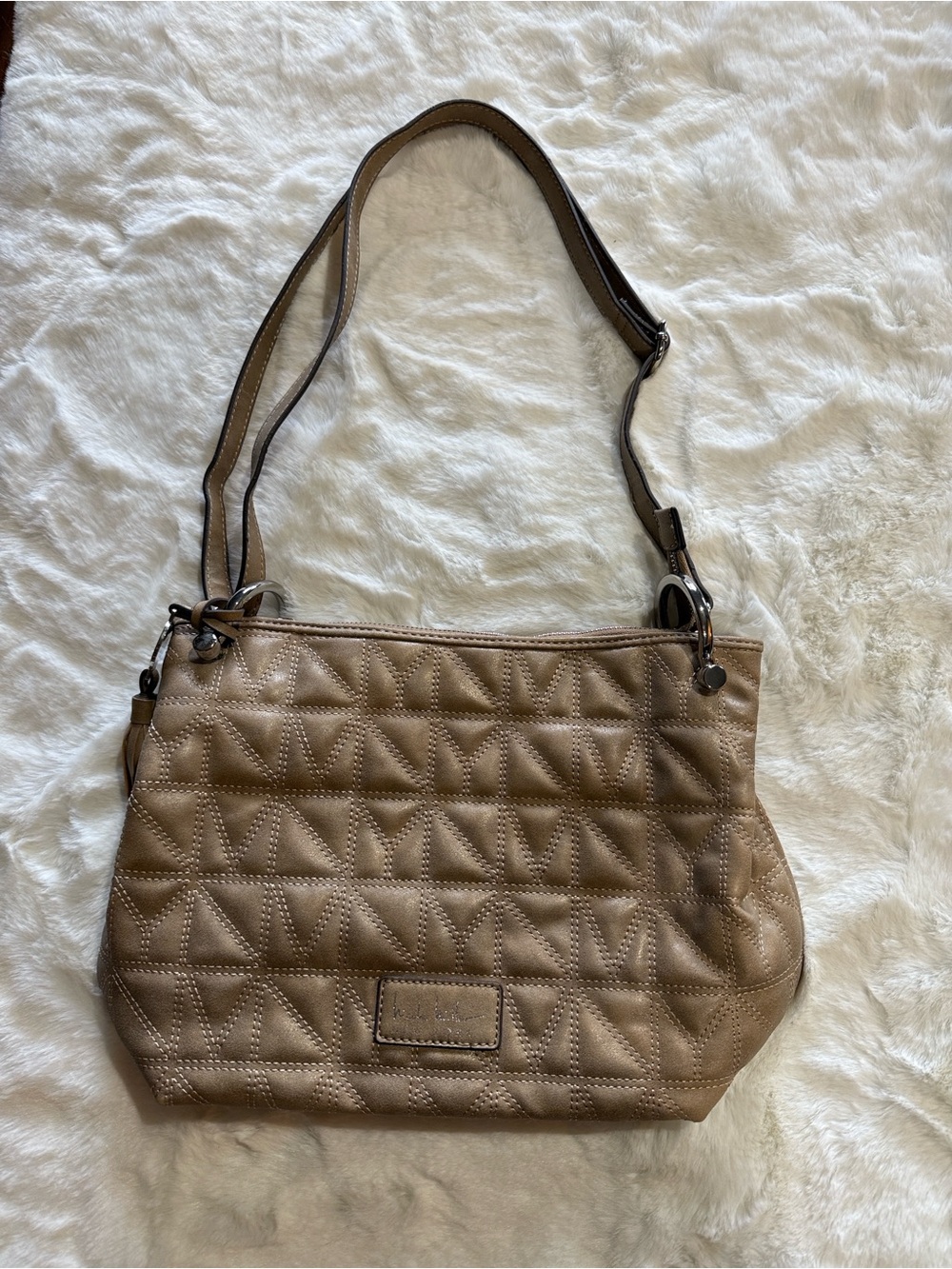Nicole Miller Quilted Shoulder Bag in Taupe Leather-Style Finish